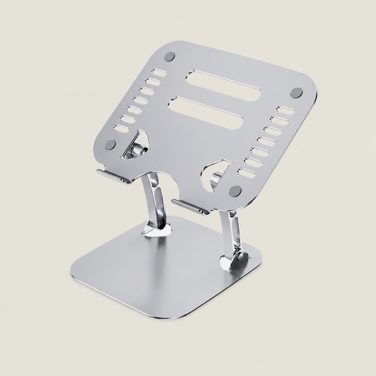 Silver adjustable laptop stand with a ventilated metal platform, non-slip pads and a stable base for ergonomic desk use.