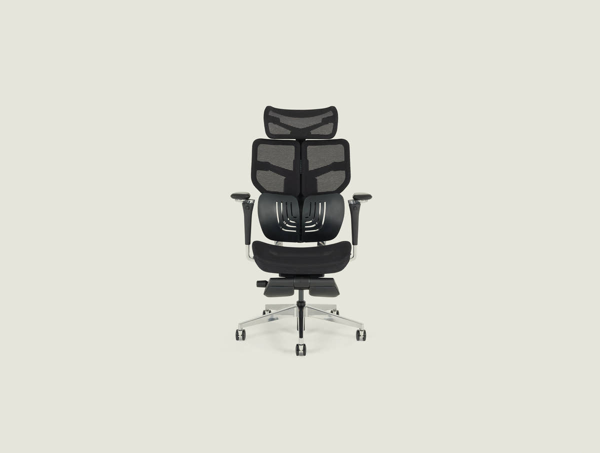 Shappa Spencer black ergonomic office chair with headrest and footrest, front view