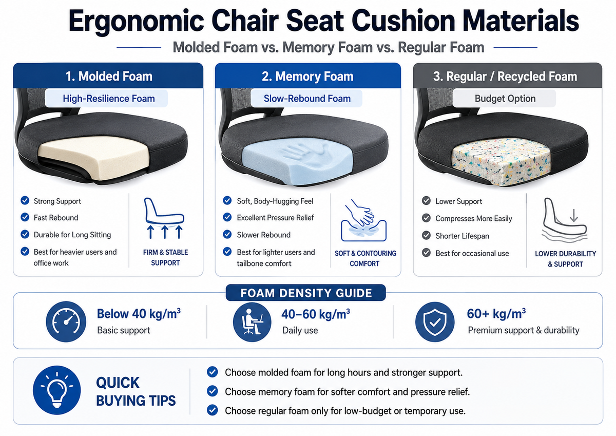 Ergonomic Chair Seat Cushion Materials: Molded Foam vs. Memory Foam vs. Regular Foam