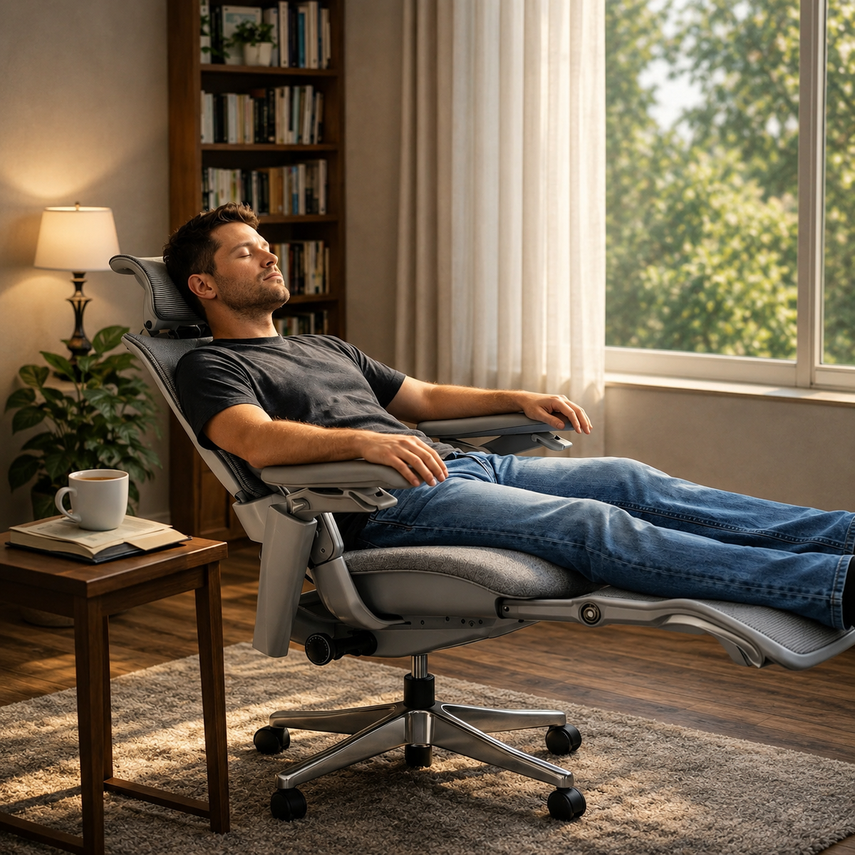Man relaxing in a high end ergonomic chair with footrest extended, working from home beside a sunlit window
