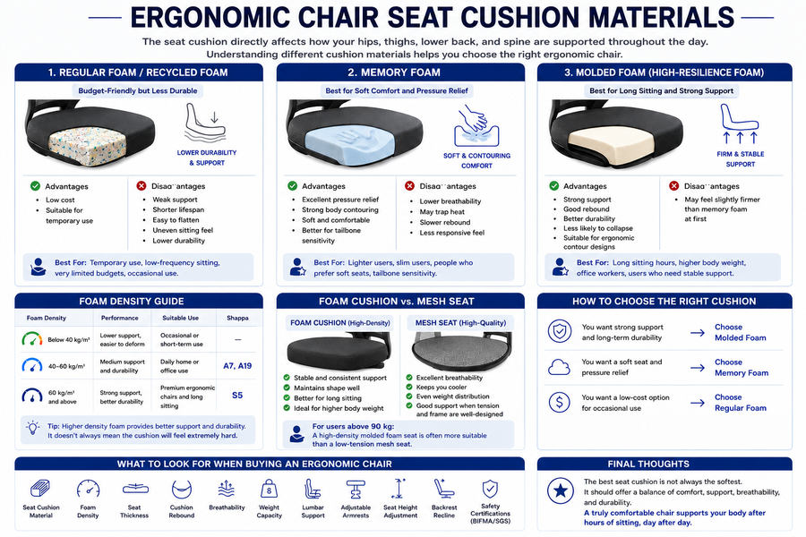 Ergonomic Chair Seat Cushion Materials: Molded Foam vs. Memory Foam vs. Regular Foam