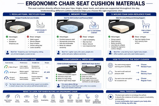 Ergonomic chair seat cushion comparison: regular foam, memory foam and molded foam, with foam density guide and how to choose by body weight