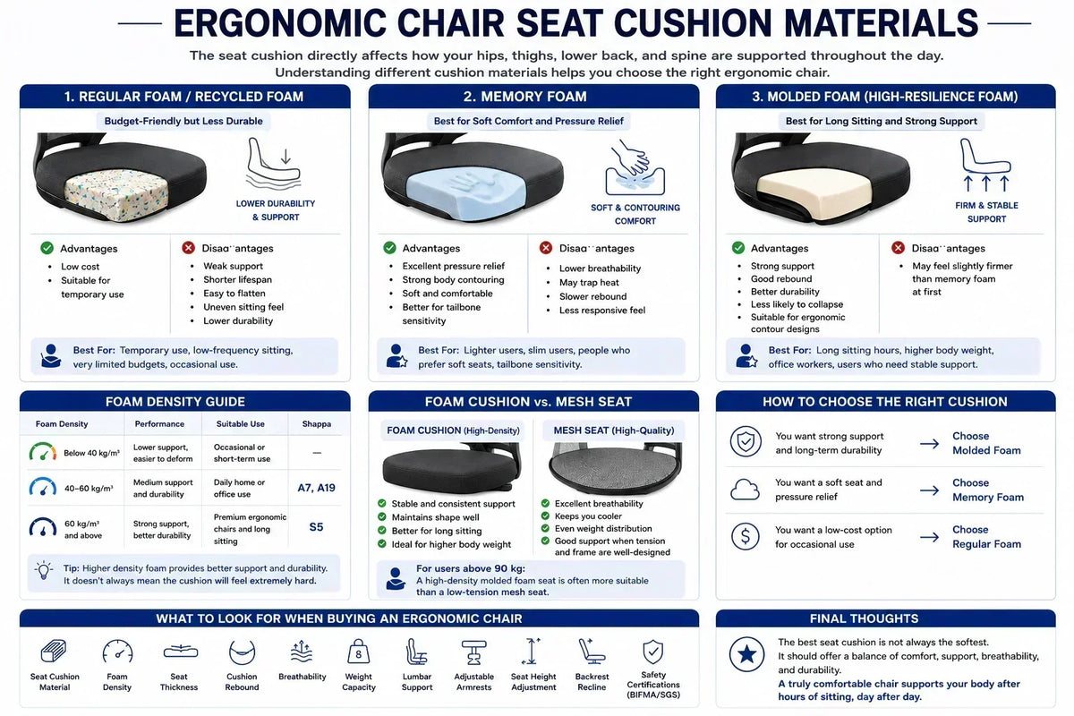 Ergonomic chair seat cushion comparison: regular foam, memory foam and molded foam, with foam density guide and how to choose by body weight