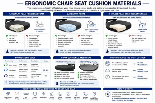 Ergonomic chair seat cushion comparison: regular foam, memory foam and molded foam, with foam density guide and how to choose by body weight