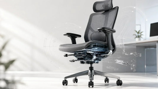 Mesh ergonomic office chair with a cutaway render revealing the internal seat mechanism — tilt system and components beneath the seat