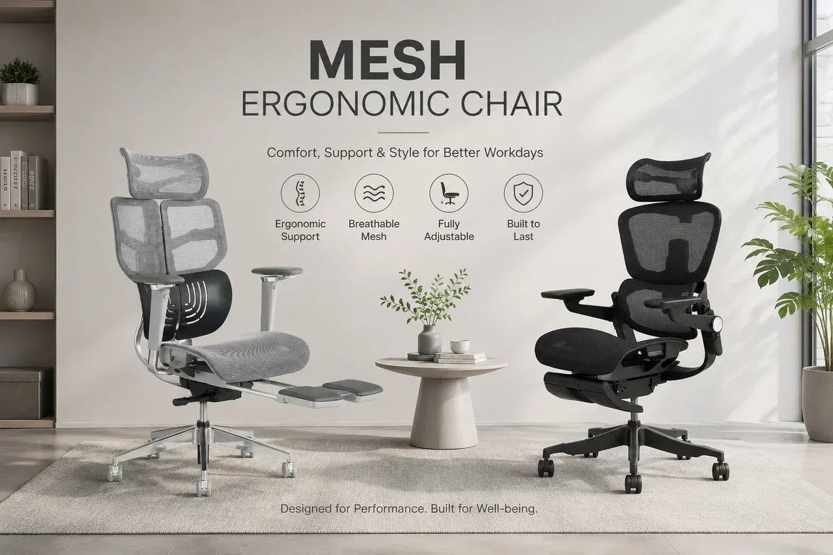 Shappa mesh ergonomic chairs compared side by side — Spencer (black, right) and Smile (grey, left) showing breathable mesh backs, adjustable armrests and footrests in a home office setting