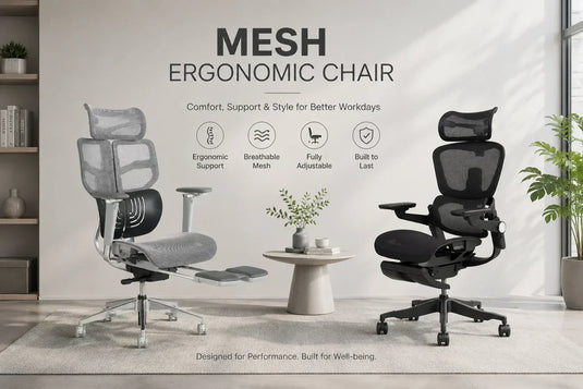 Shappa mesh ergonomic chairs compared side by side — Spencer (black, right) and Smile (grey, left) showing breathable mesh backs, adjustable armrests and footrests in a home office setting