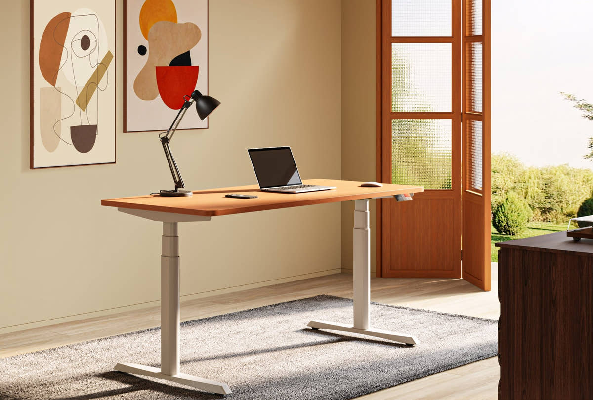 Shappa electric standing desk with white frame and warm wood-tone tabletop in a bright sunlit home office with laptop and desk lamp