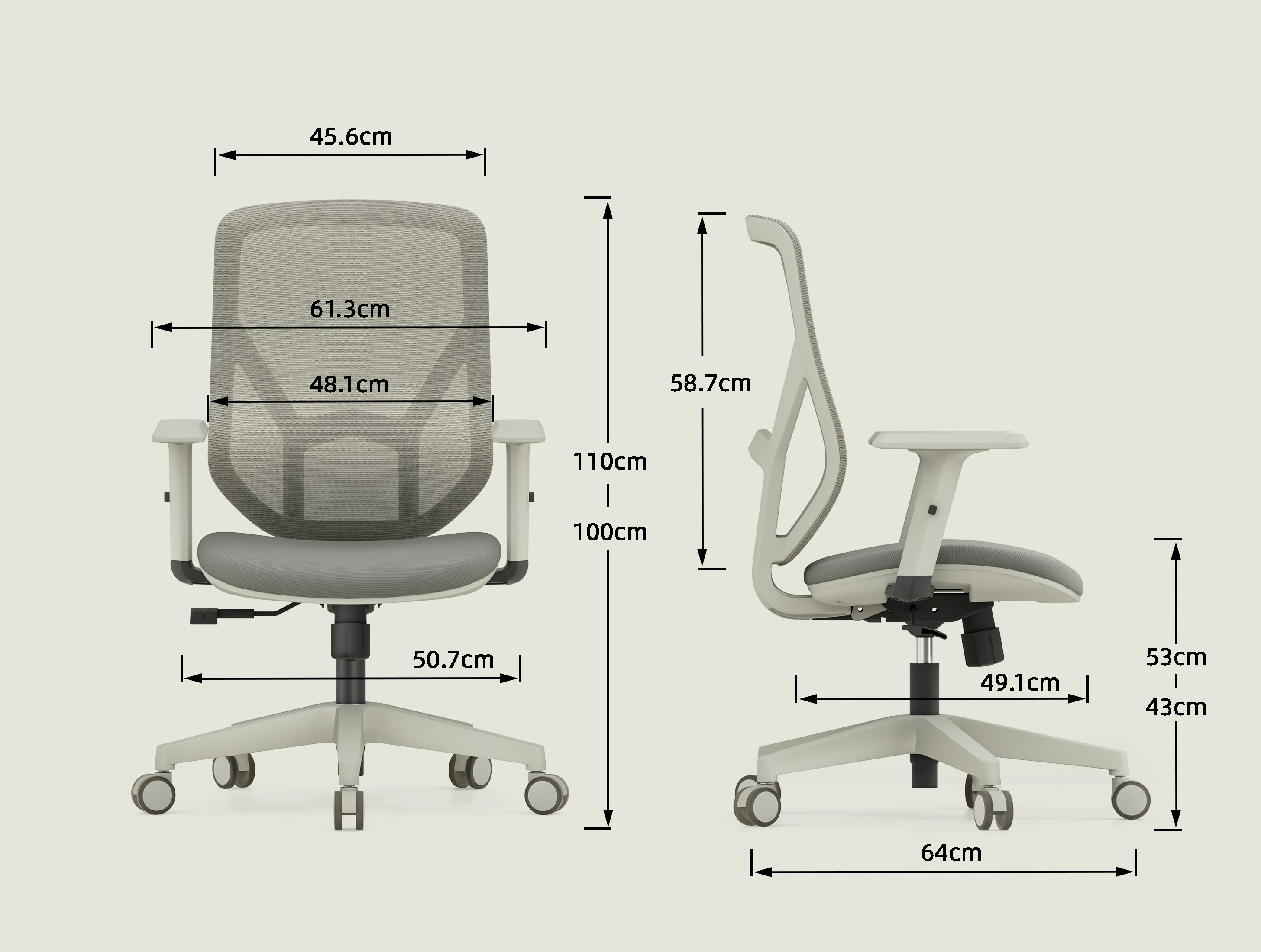 A19 desk chair dimensions and specifications - seat height, width and depth measurements for grey and black models