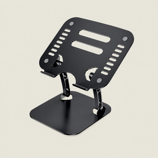 Black adjustable laptop stand with a ventilated metal platform, non-slip pads and a stable base for ergonomic desk use.