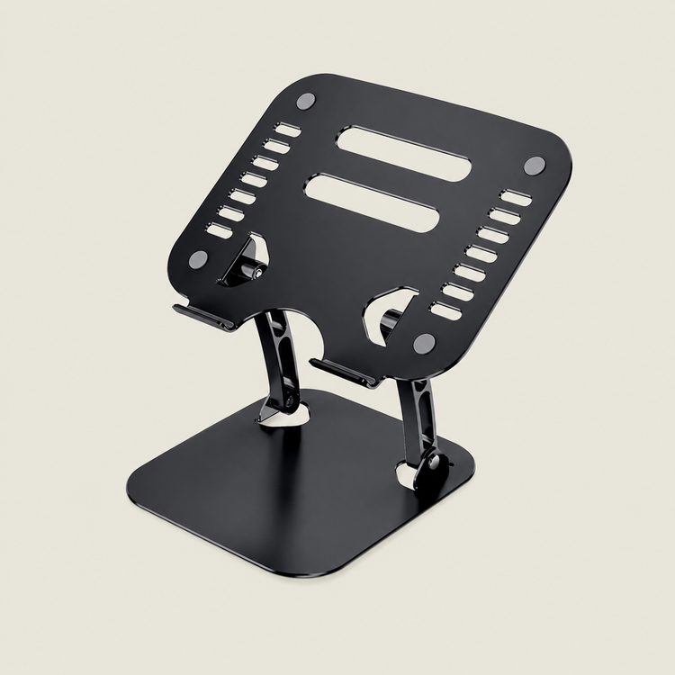 Black adjustable laptop stand with a ventilated metal platform, non-slip pads and a stable base for ergonomic desk use.