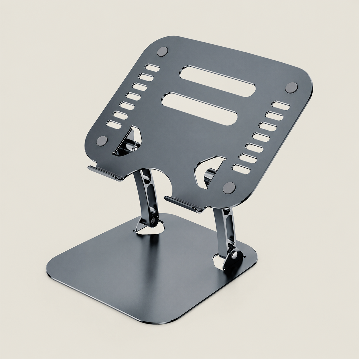 Grey adjustable laptop stand with a ventilated metal platform, non-slip pads and a stable base for ergonomic desk use.