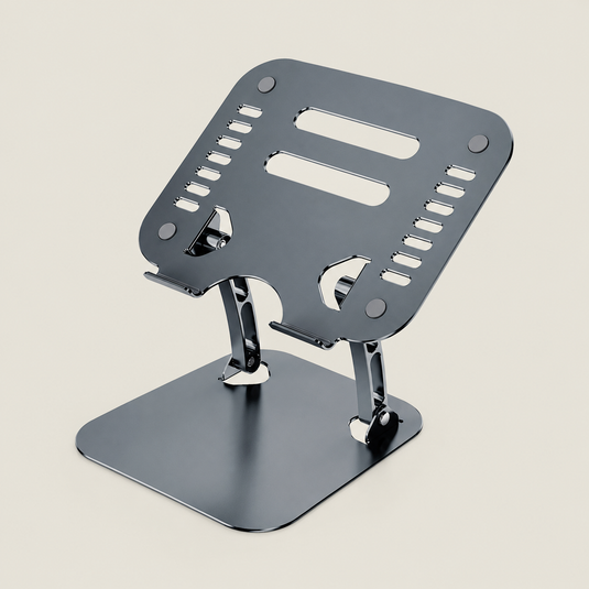 Grey adjustable laptop stand with a ventilated metal platform, non-slip pads and a stable base for ergonomic desk use.