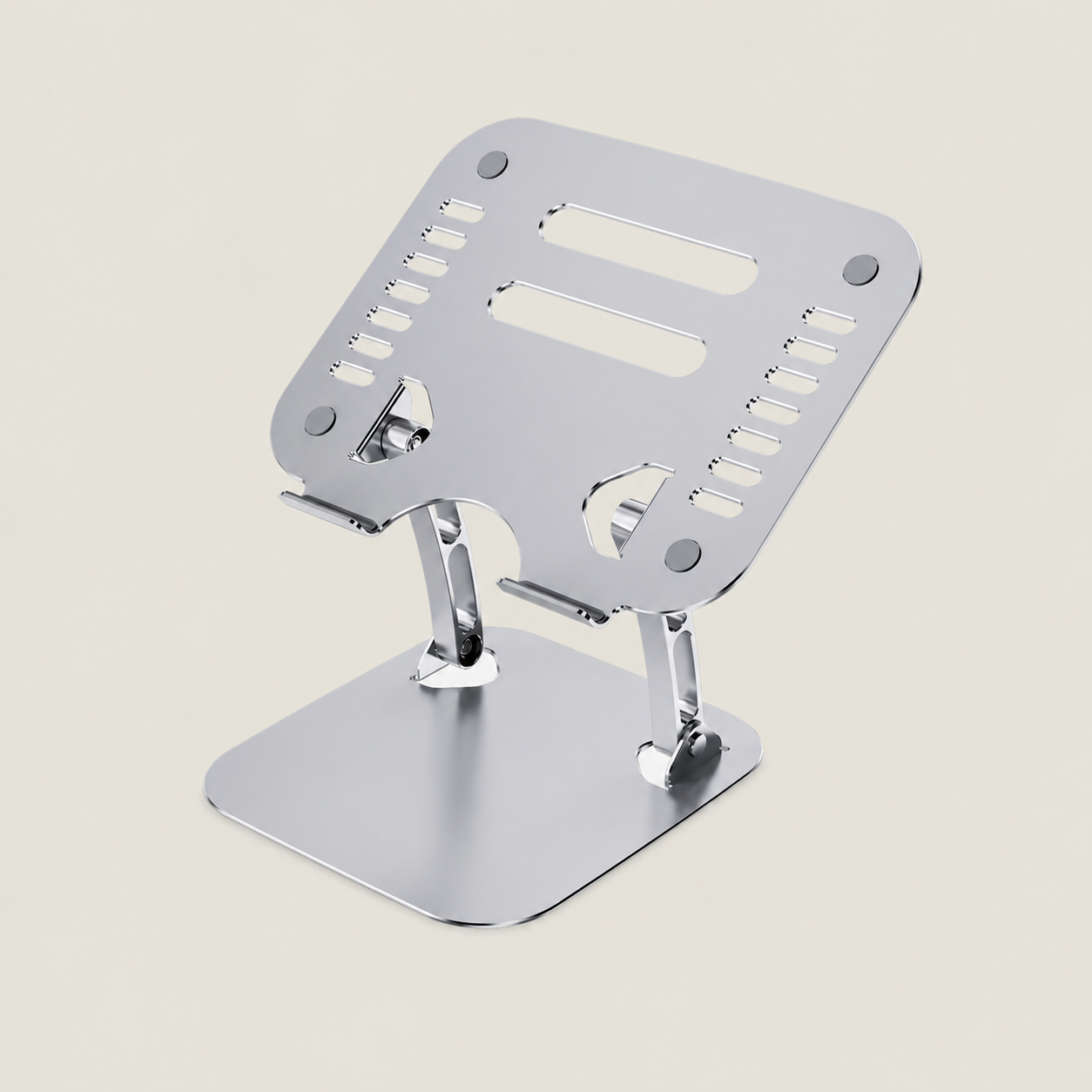 Silver adjustable laptop stand with a ventilated metal platform, non-slip pads and a stable base for ergonomic desk use.