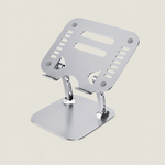 Silver adjustable laptop stand with a ventilated metal platform, non-slip pads and a stable base for ergonomic desk use.