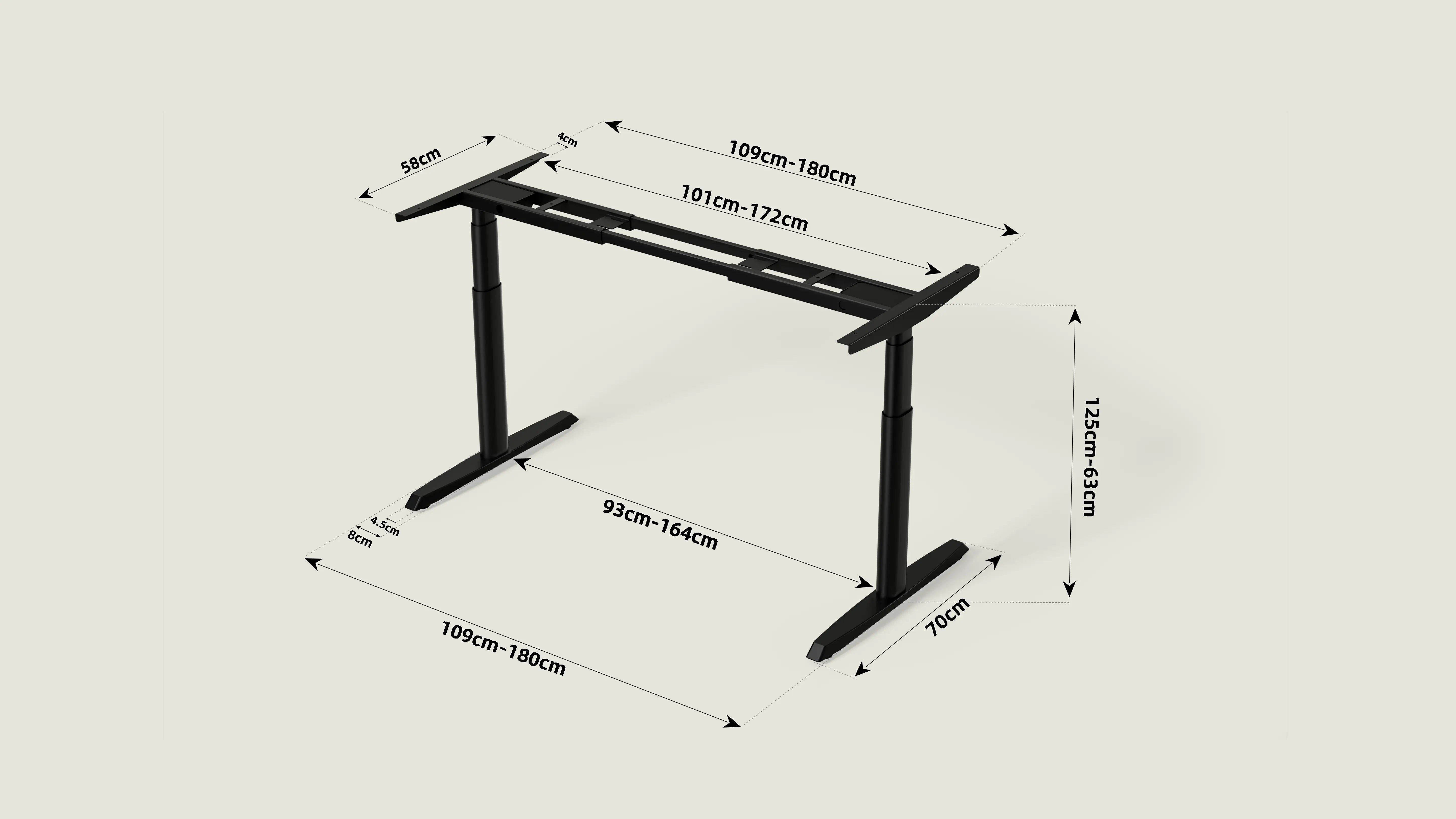 Shappa MO2 electric standing desk frame dimensions - height adjustable 63 cm to 125 cm, frame length 109 cm to 180 cm, tabletop support depth 58 cm