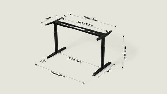 Shappa MO2 electric standing desk frame dimensions - height adjustable 63 cm to 125 cm, frame length 109 cm to 180 cm, tabletop support depth 58 cm