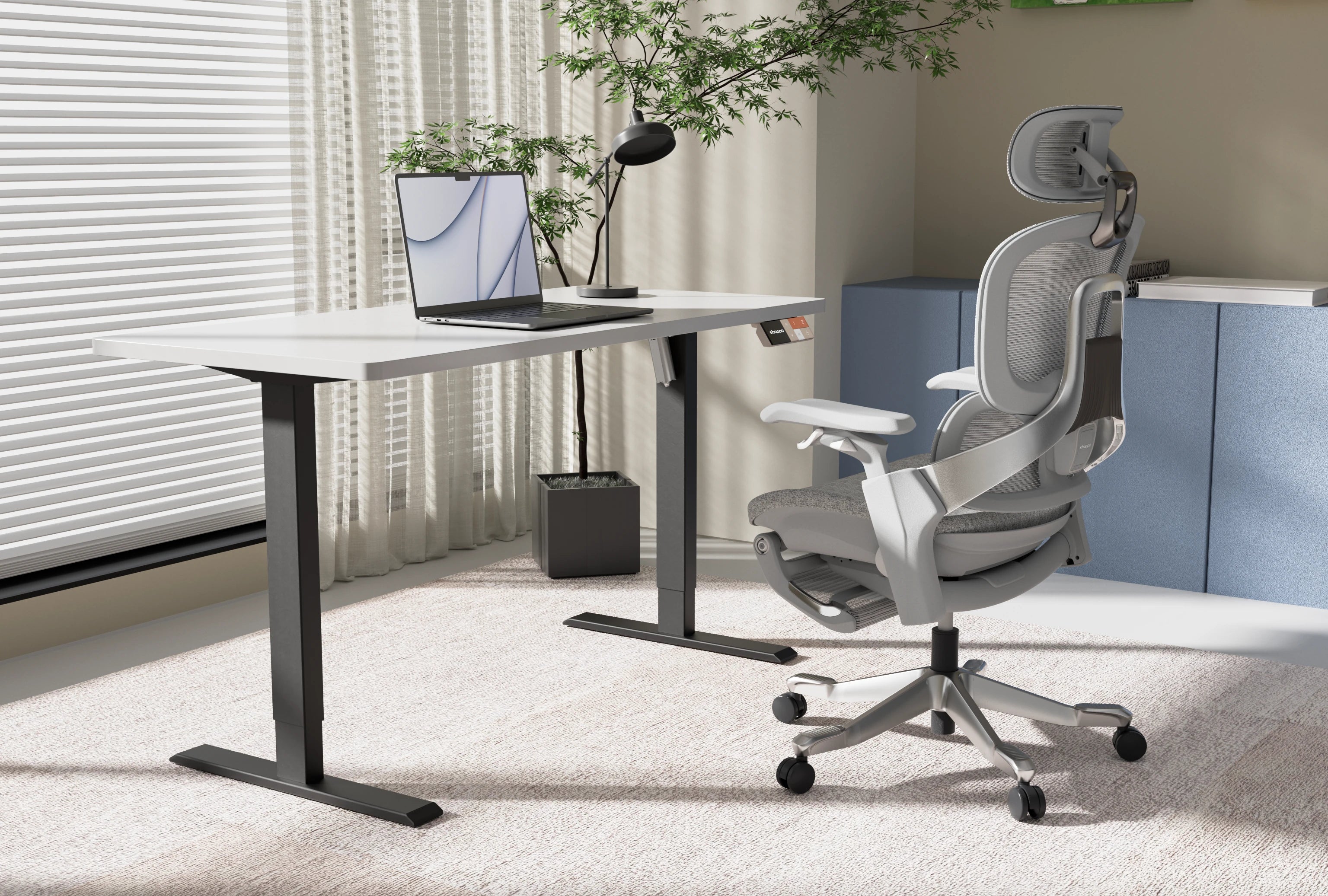Shappa MS1 electric standing desk frame with white tabletop, laptop and ergonomic mesh office chair in a home office setting