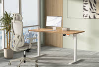 Shappa MS1 electric standing desk with oak tabletop and white frame, paired with a Shappa A7 ergonomic office chair in a high-rise office