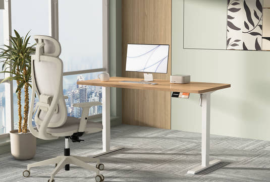 Shappa MS1 electric standing desk with oak tabletop and white frame, paired with a Shappa A7 ergonomic office chair in a high-rise office