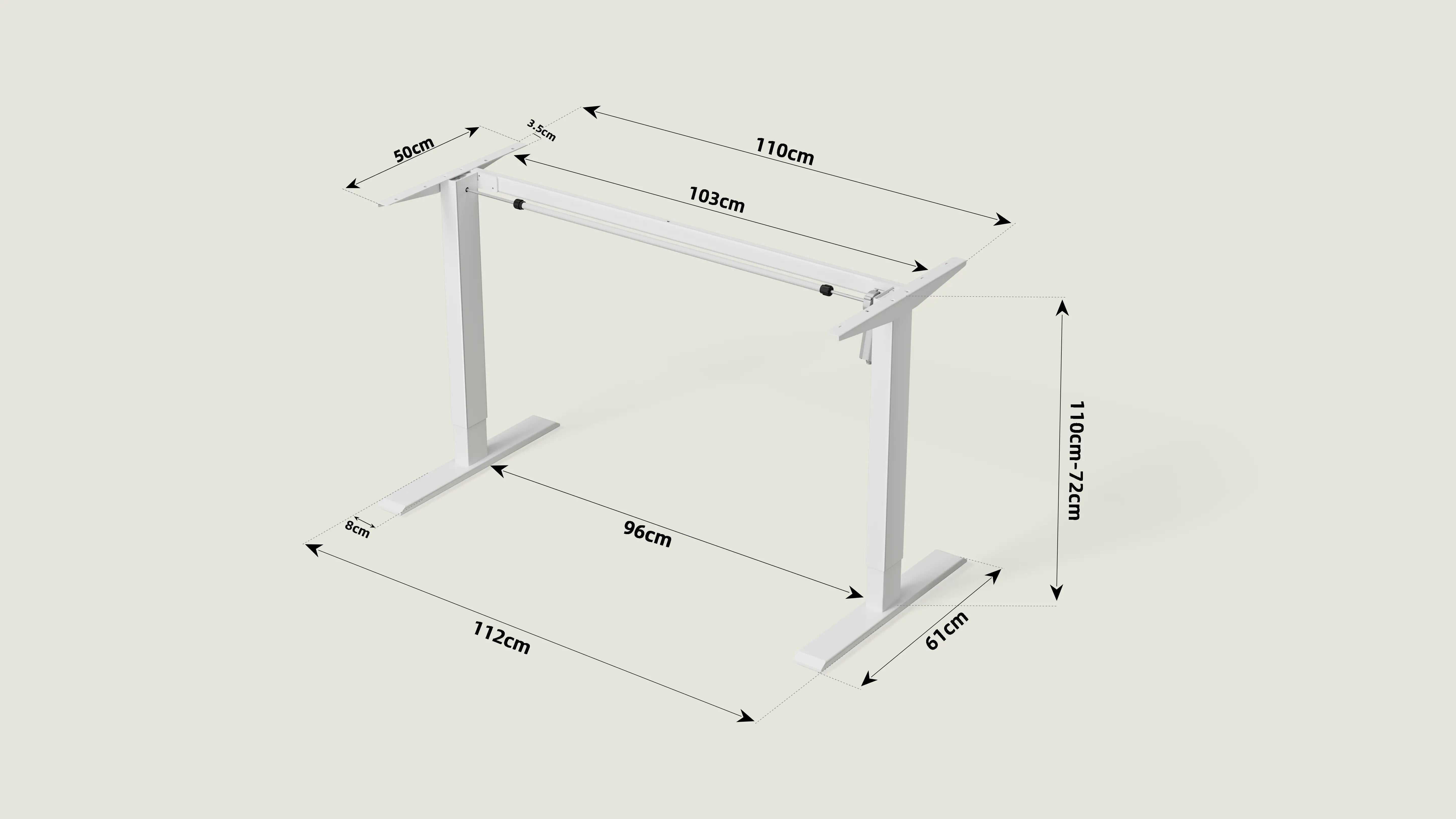 Shappa MS1 standing desk frame dimension diagram showing 72–110 cm height range, 110 cm frame width, 61 cm depth and leg spacing measurements