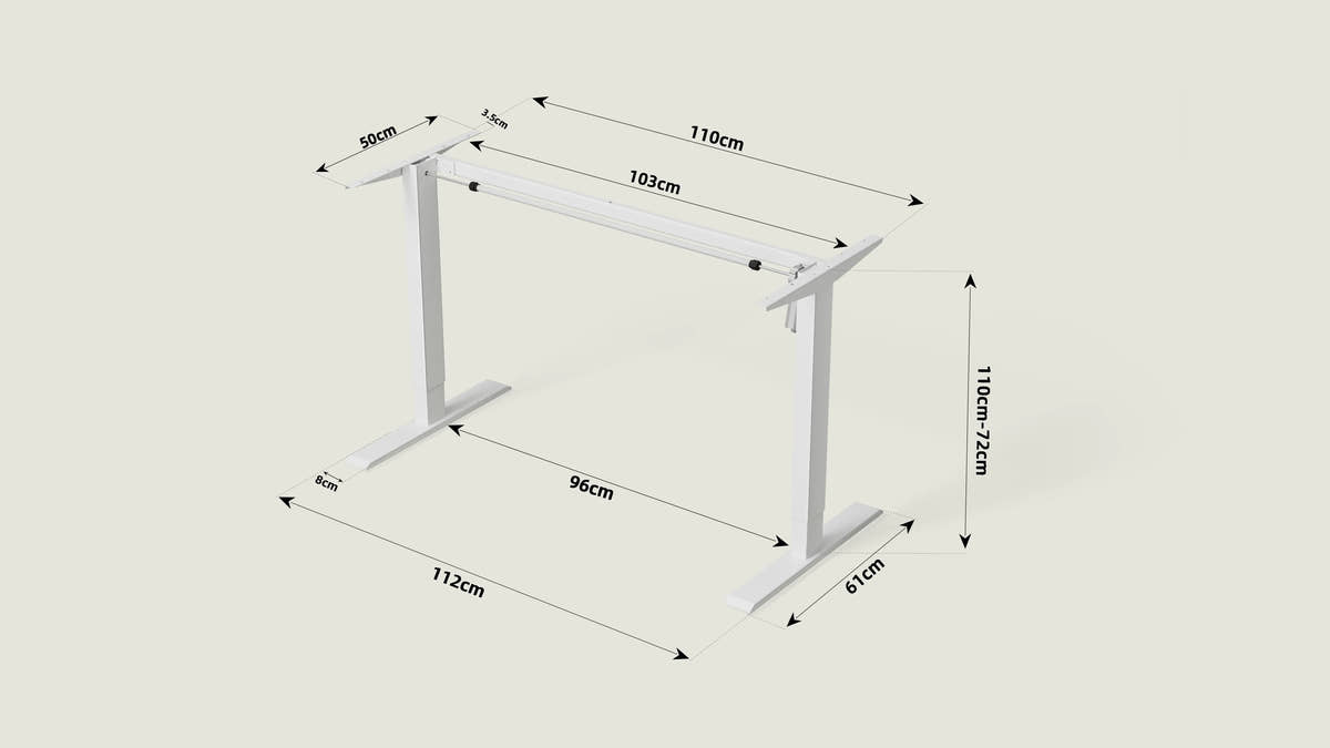 Shappa MS1 standing desk frame dimension diagram showing 72–110 cm height range, 110 cm frame width, 61 cm depth and leg spacing measurements