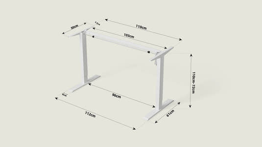 Shappa MS1 standing desk frame dimension diagram showing 72–110 cm height range, 110 cm frame width, 61 cm depth and leg spacing measurements