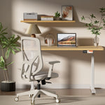 A19 grey quality desk chair in modern home office workspace with wooden desk and indoor plants