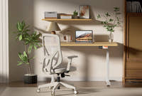 Shappa MS2 electric standing desk with light oak tabletop and white frame, paired with a Shappa A19 office chair in a home office setting