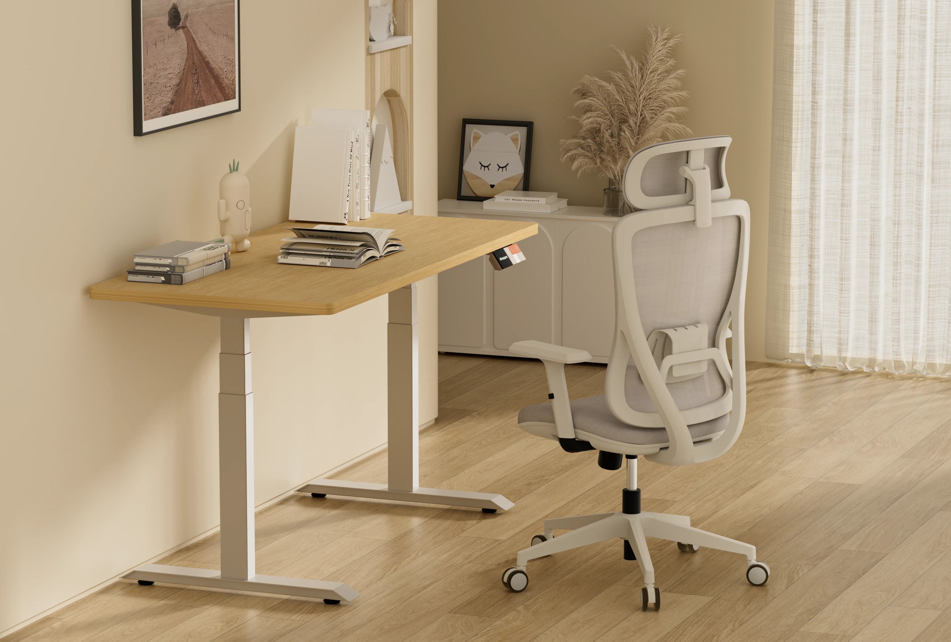 Shappa MS2 electric standing desk with oak tabletop and white frame, paired with a Shappa A7 ergonomic office chair in a home office setting