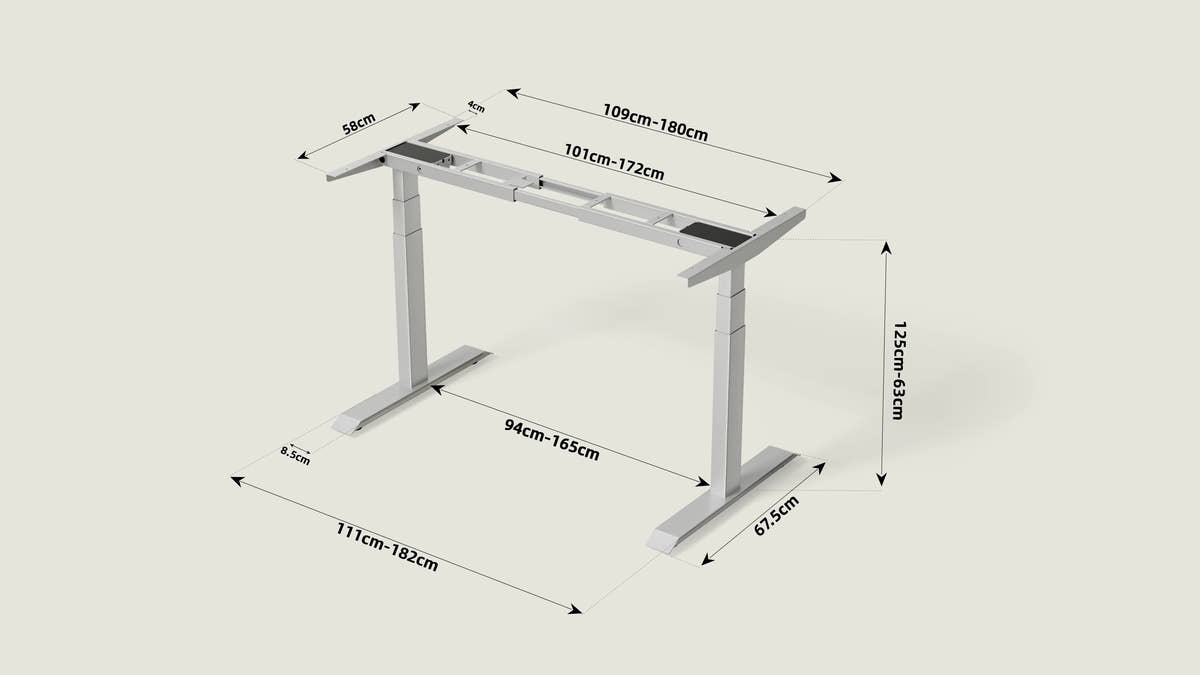 Shappa MS2 standing desk frame dimension diagram showing 63–125 cm height range, 109–180 cm adjustable width and leg spacing measurements