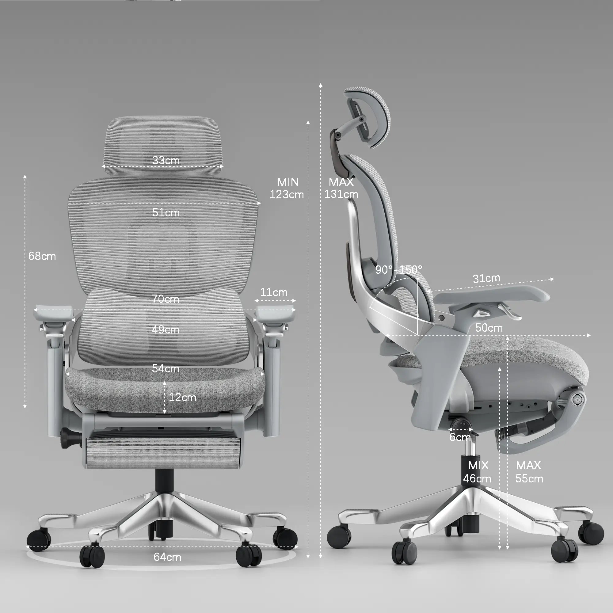 Shappa S5 ergonomic chair front and side view with dimensions - adjustable height 123-131cm, seat height adjustable 46-55cm, width 70cm, backrest 68cm