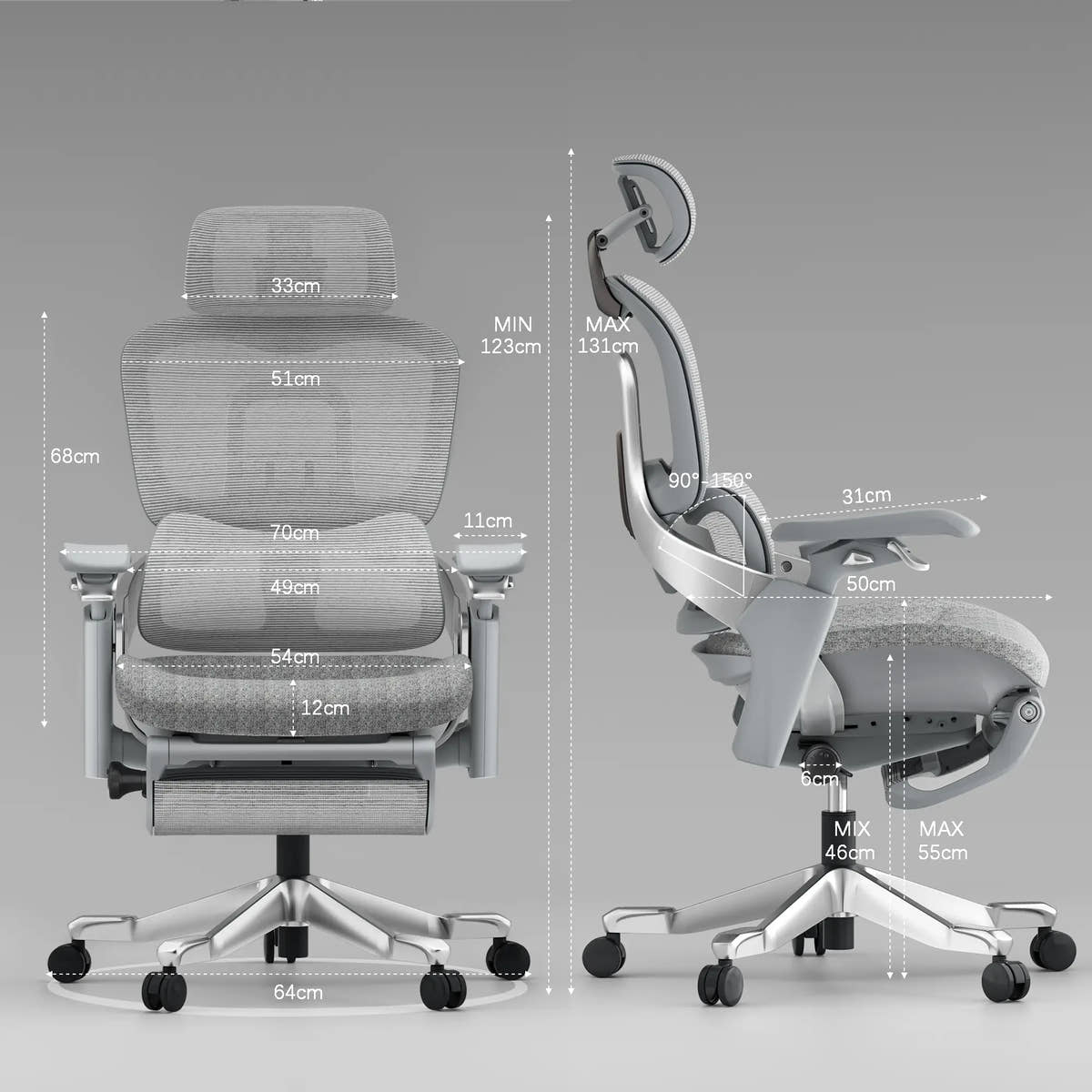 Shappa S5 ergonomic chair front and side view with dimensions - adjustable height 123-131cm, seat height adjustable 46-55cm, width 70cm, backrest 68cm