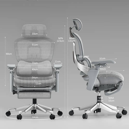 Shappa S5 ergonomic chair front and side view with dimensions - adjustable height 123-131cm, seat height adjustable 46-55cm, width 70cm, backrest 68cm