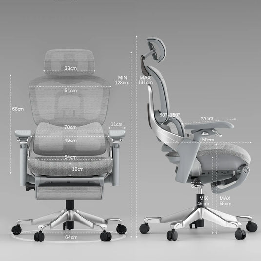 Shappa S5 ergonomic chair front and side view with dimensions - adjustable height 123-131cm, seat height adjustable 46-55cm, width 70cm, backrest 68cm