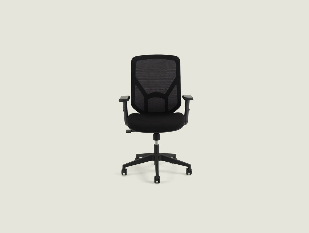 A19 black mesh office chair front view with breathable mesh back and adjustable armrests
