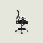 A19 black desk chair angled side view showing reclining mesh backrest and nylon base
