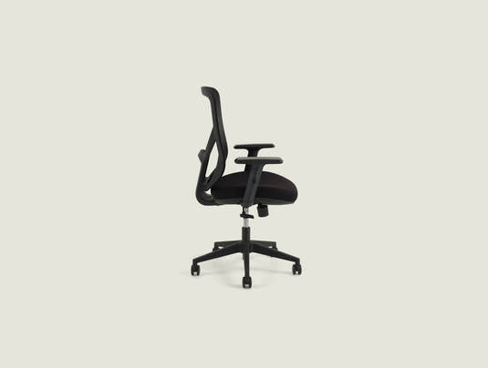 A19 black desk chair angled side view showing reclining mesh backrest and nylon base