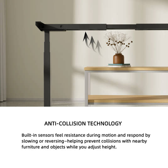 Standing desk frame close-up with anti-collision technology explained - built-in sensors slow or reverse motion near obstacles