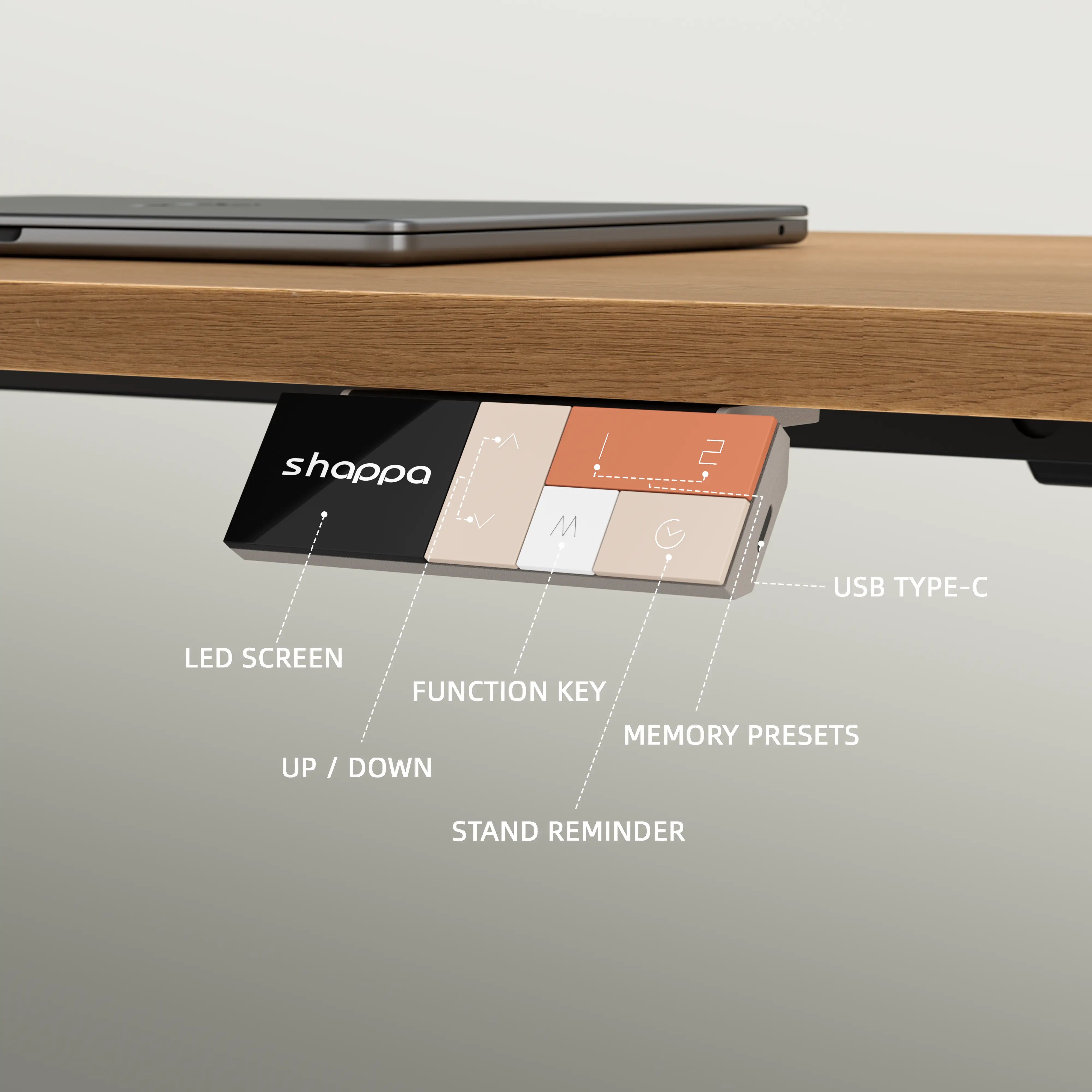 Standing desk controller detail with touchscreen LED screen, function keys, up/down buttons, memory presets, stand reminder and USB Type-C port
