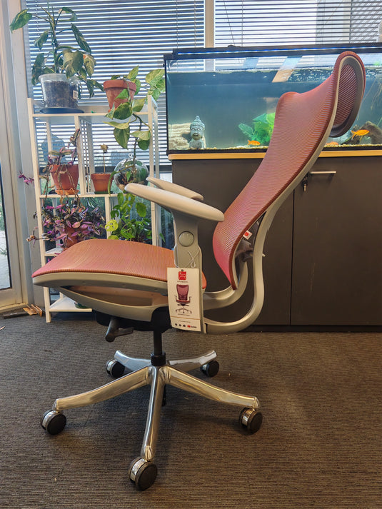 Shappa H919 ergonomic office chair with pink mesh back and seat, chrome five-star base, in a real office workspace