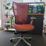 Shappa H919 ergonomic office chair, front view showing pink mesh backrest and coral seat, chrome base, in a real office workspace
