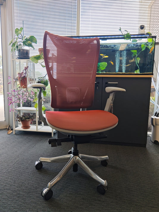 Shappa H919 ergonomic office chair, front view showing pink mesh backrest and coral seat, chrome base, in a real office workspace