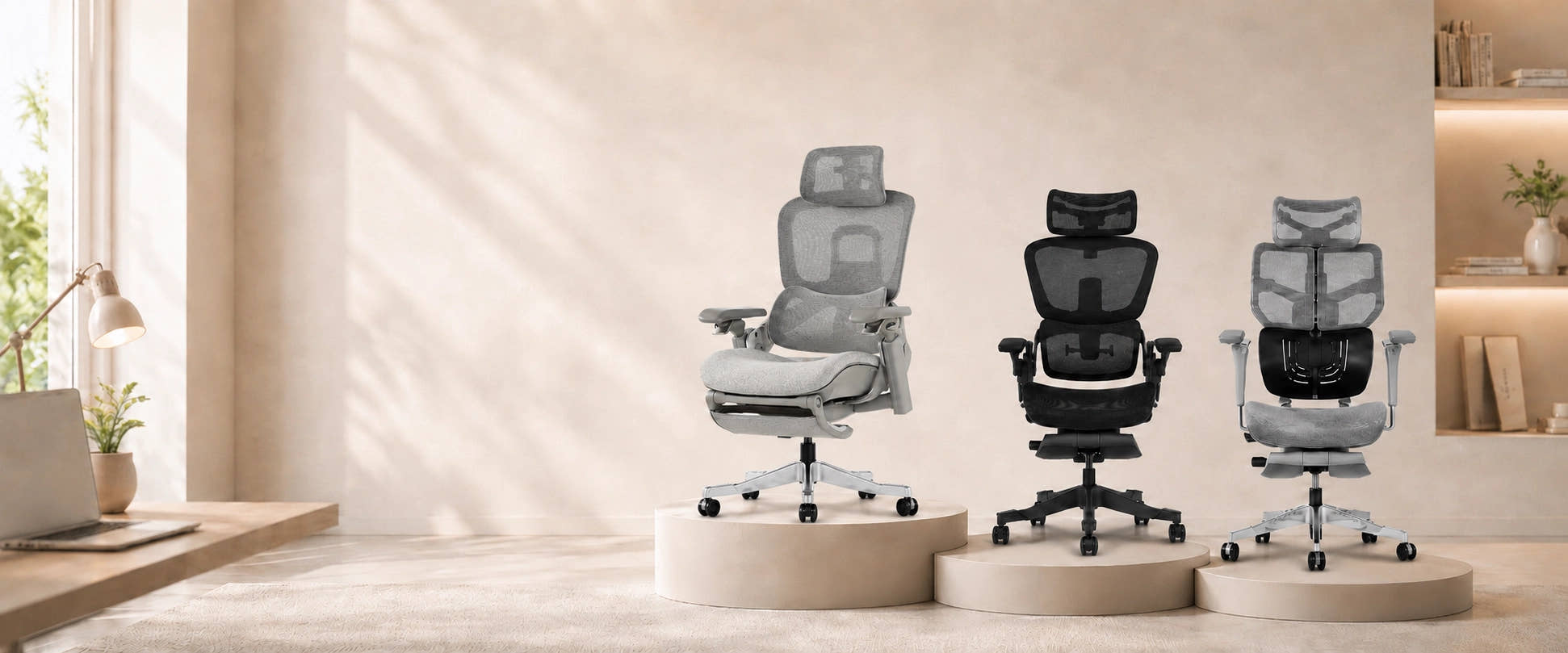 Lineup of Shappa ergonomic office chairs with breathable mesh back, adjustable headrest, armrests and footrest
