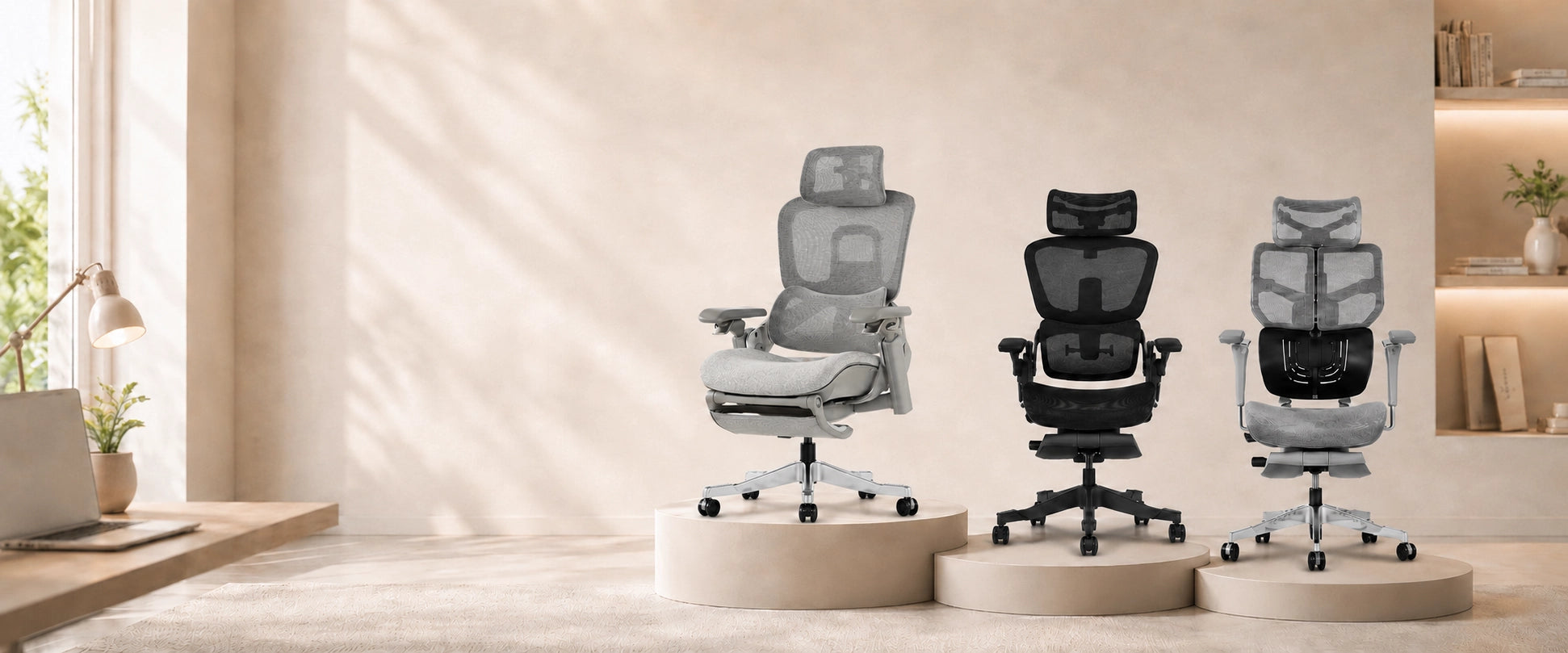 Lineup of Shappa ergonomic office chairs with breathable mesh back, adjustable headrest, armrests and footrest