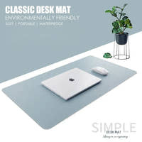 Light blue leather mouse pad and keyboard mat on a desk with a laptop and a small plant