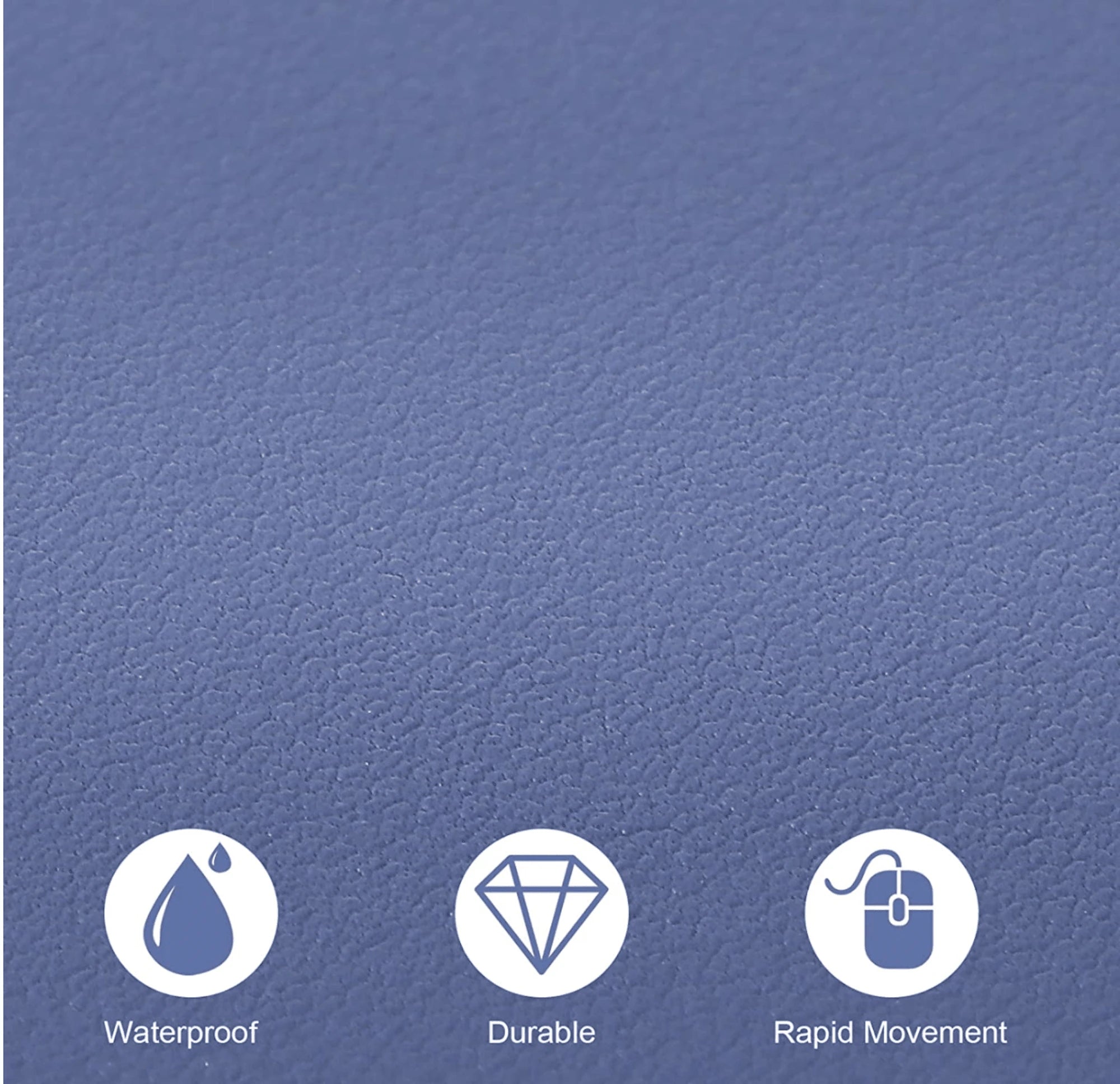 Close-up of the leather mouse mat's texture with waterproof, durable and rapid-movement icons