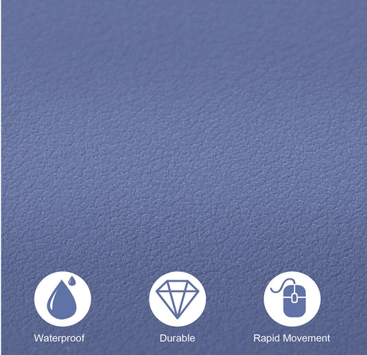 Close-up of the leather mouse mat's texture with waterproof, durable and rapid-movement icons
