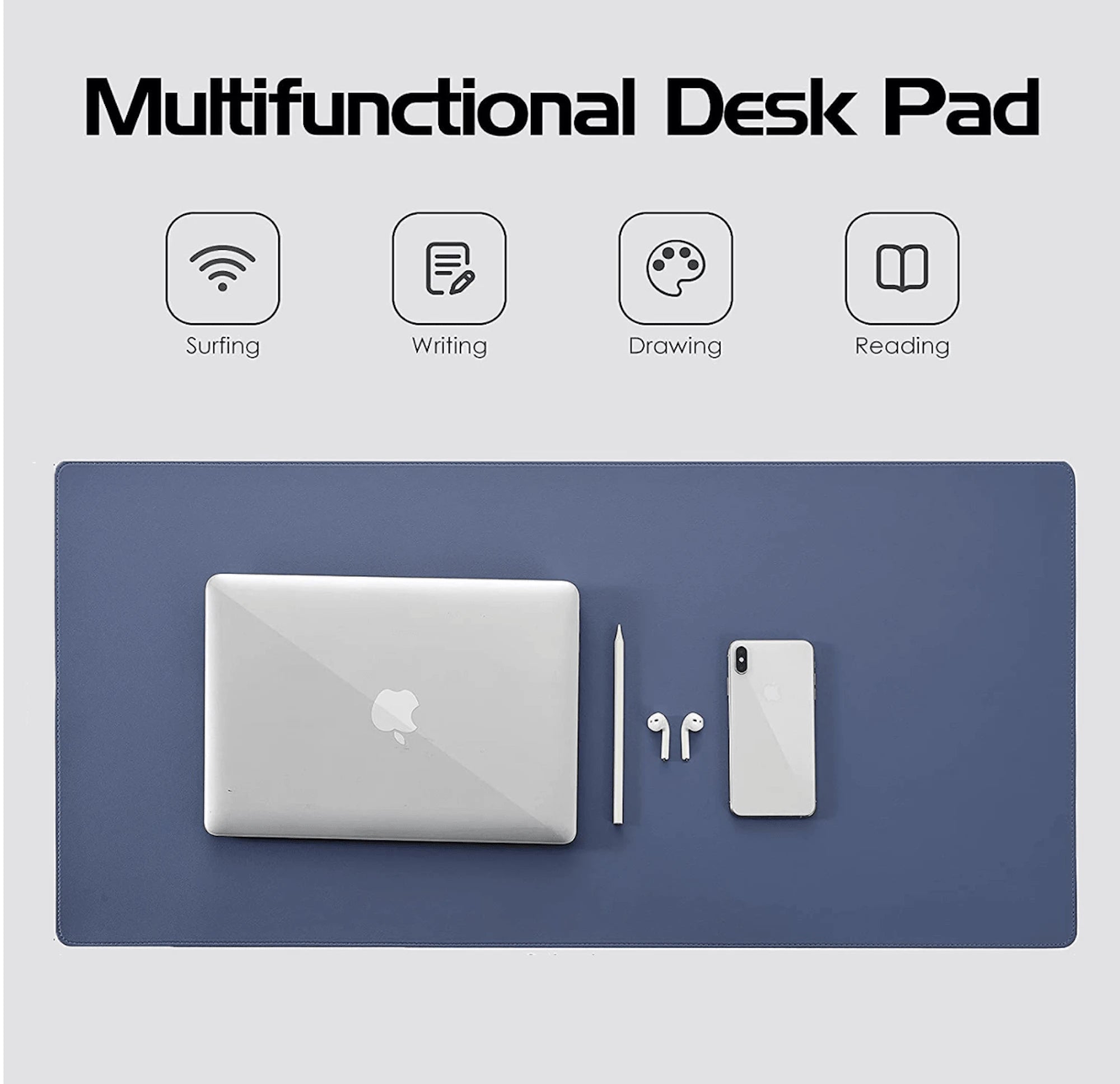 Navy leather desk mat with icons showing its use for surfing, writing, drawing and reading