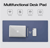 Navy leather desk mat with icons showing its use for surfing, writing, drawing and reading